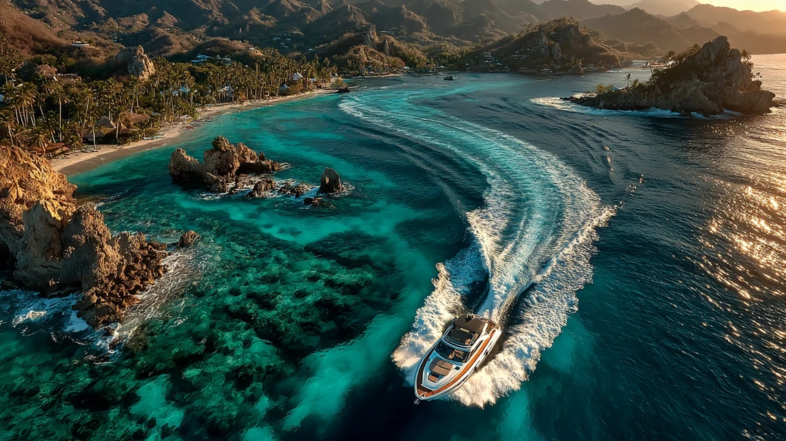 Yacht aerial view at sunset